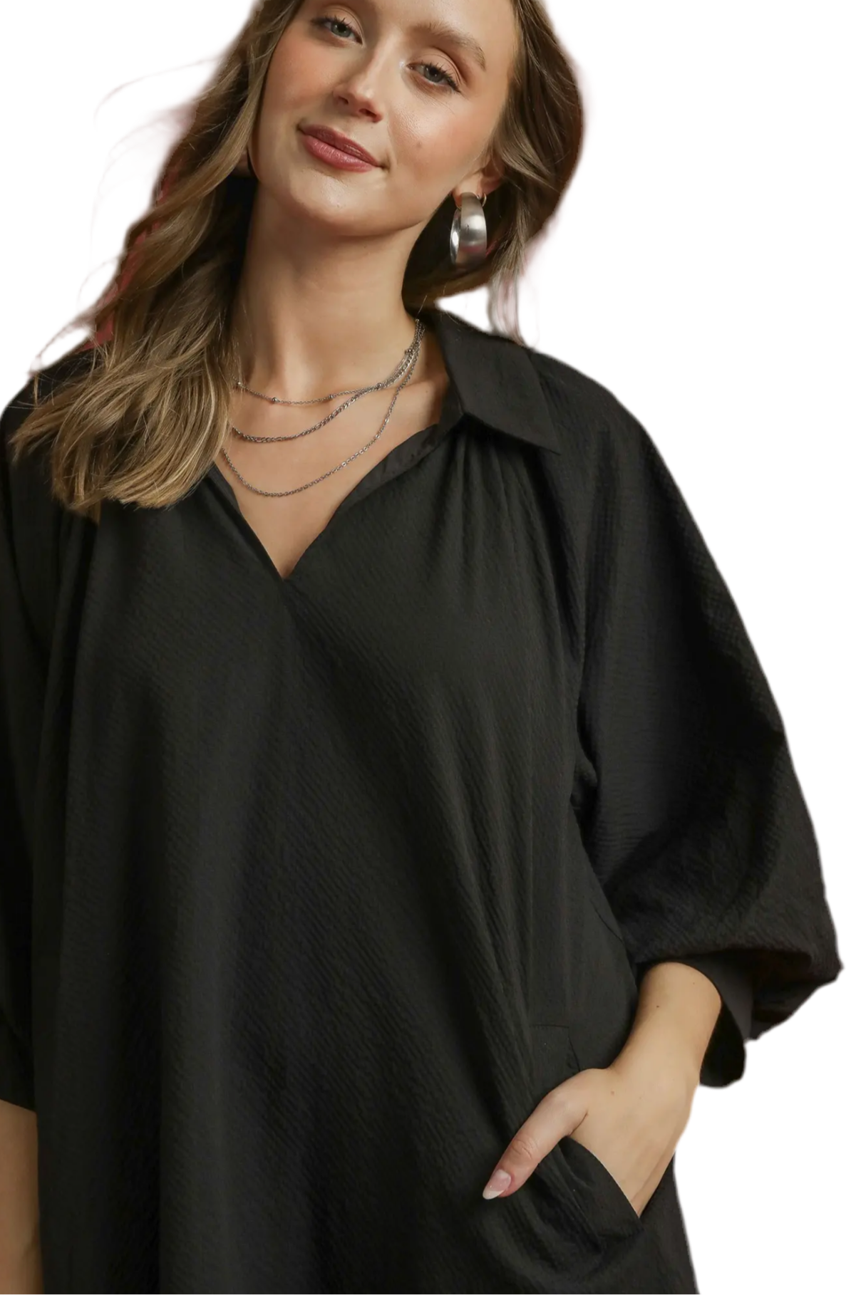 Split V-Neck Dress with Puff Sleeves