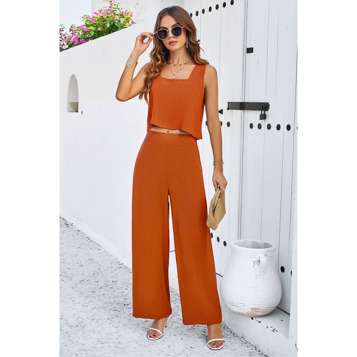Two Pieces Square Neck Sleeveless Solid Sets