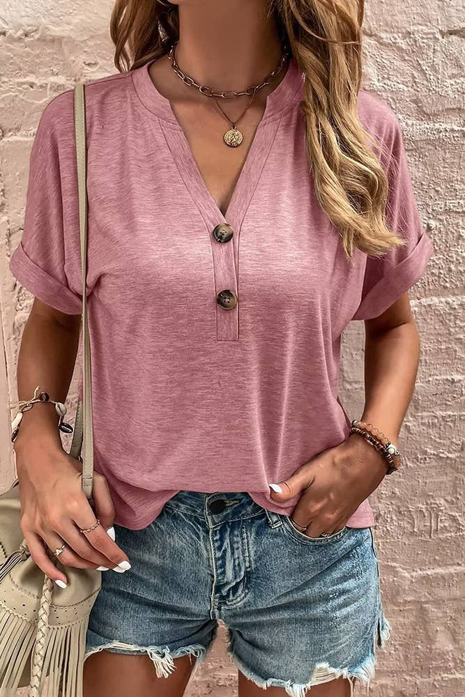 Plain V Neck Buttoned Tee