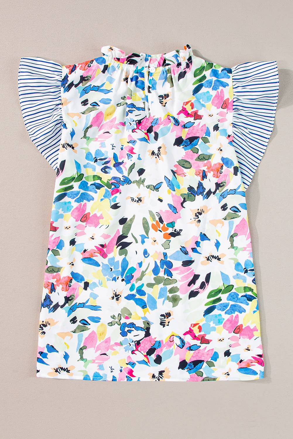 Women Floral Print Striped Ruffled Sleeve Blouse