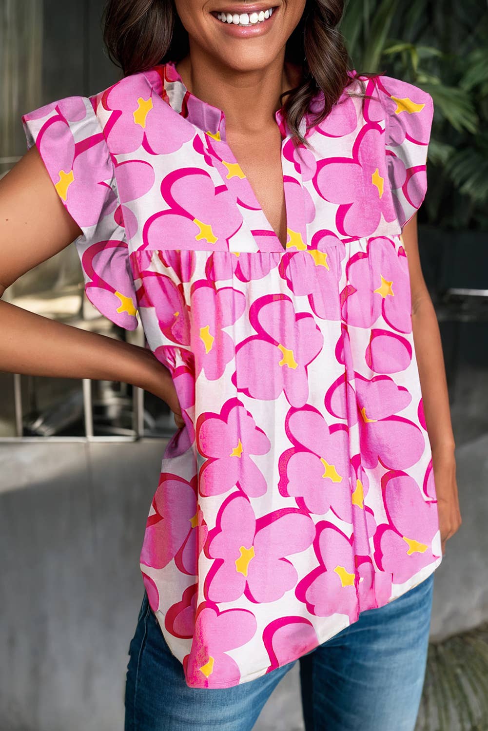 Women Floral Print Ruffled Sleeve Pleated Blouse