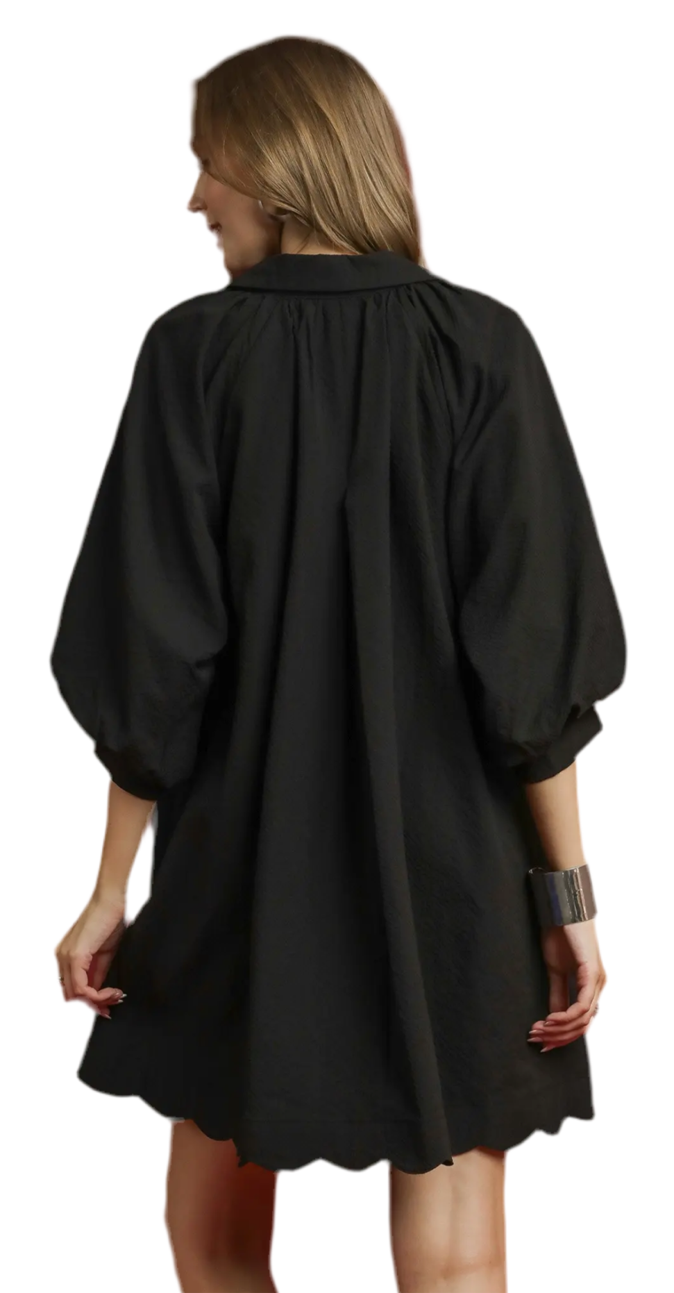 Split V-Neck Dress with Puff Sleeves
