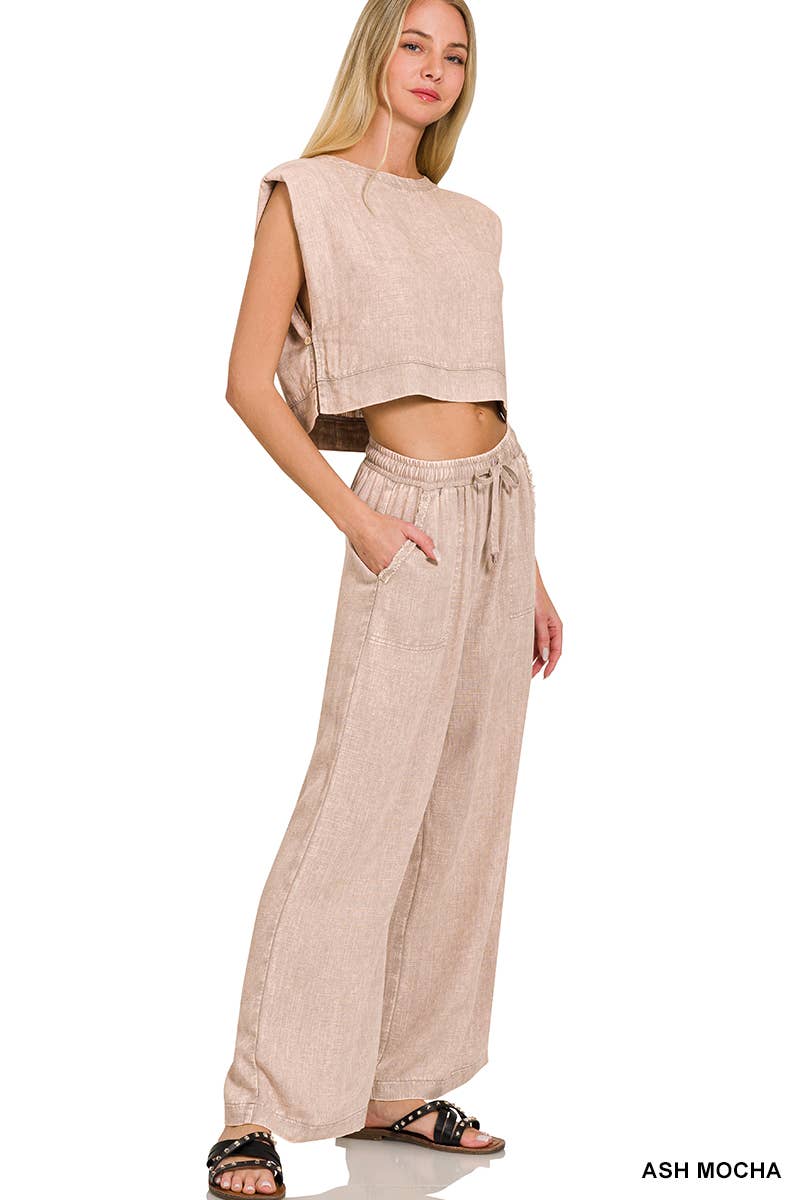 Acid Wash Linen Blend Elastic Band Waist Pants