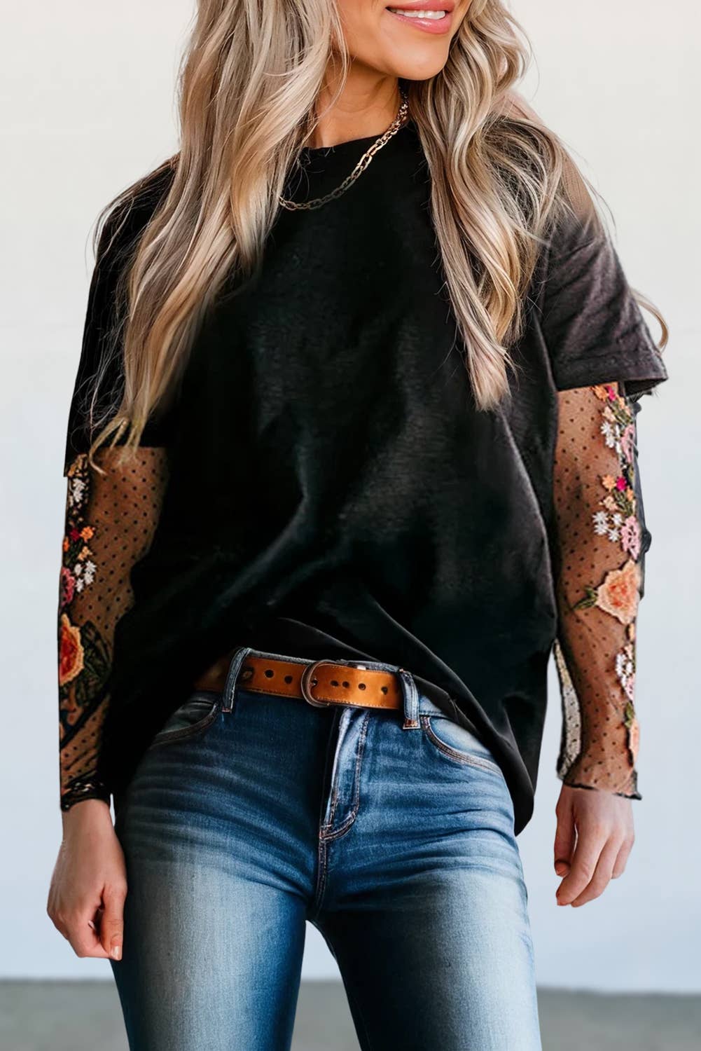 Floral Print Patchwork Long Sleeve Top | S-XL