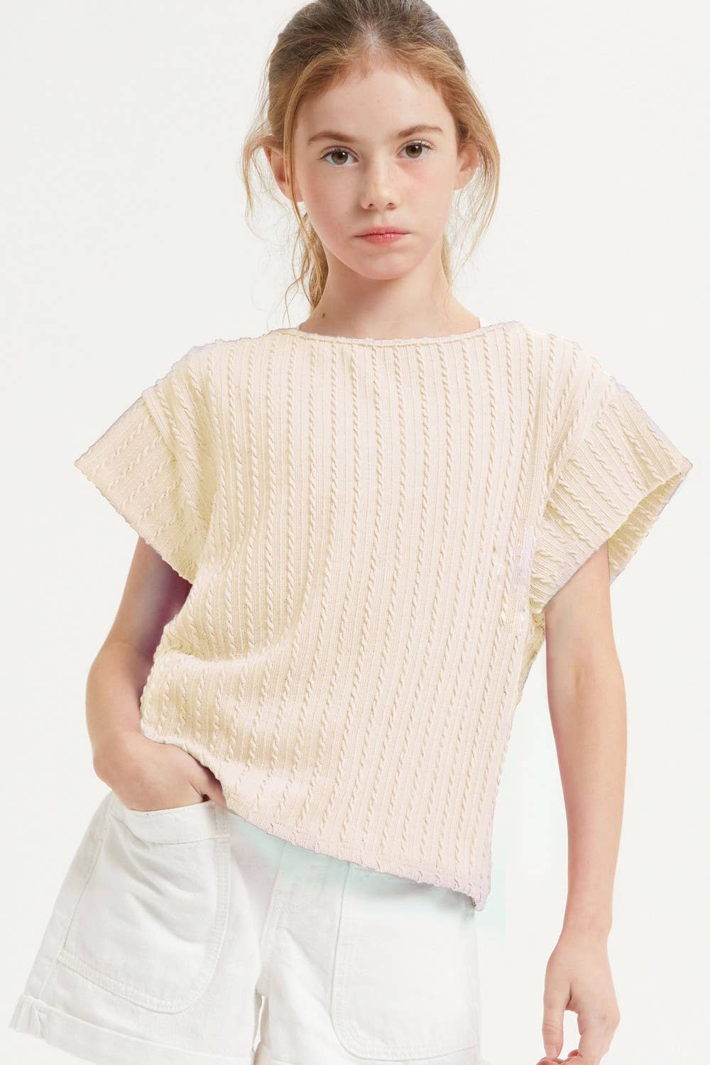 Embossed Ribbed Knit Cap Sleeve Top