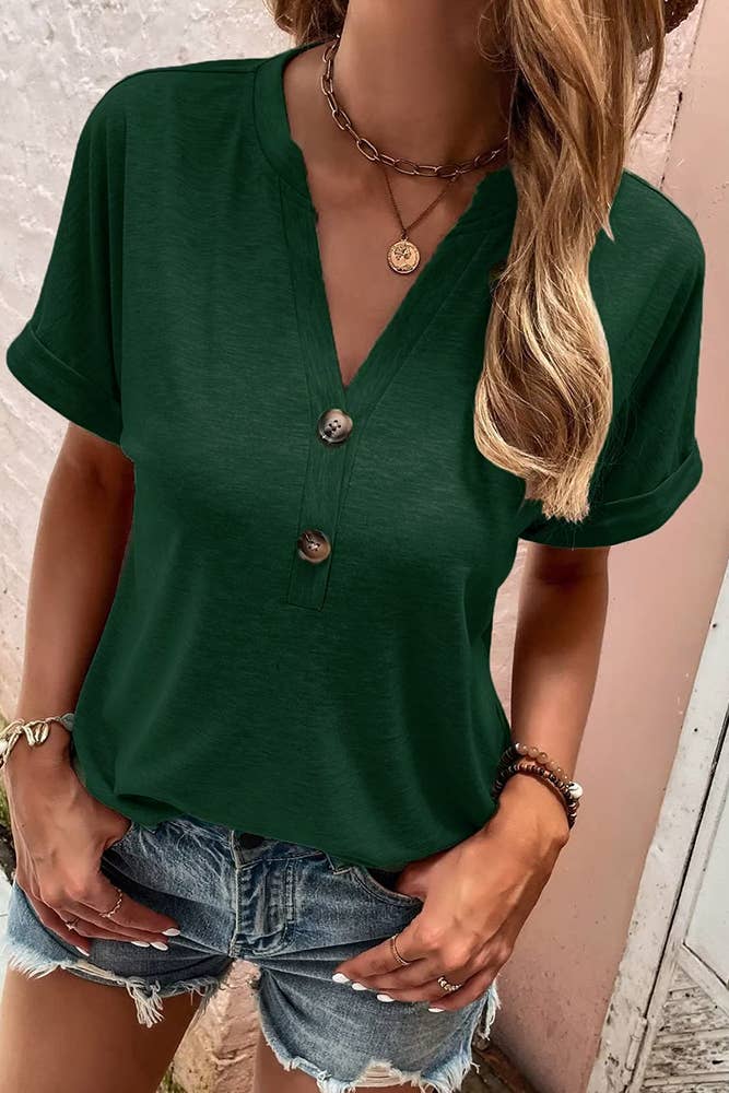 Plain V Neck Buttoned Tee