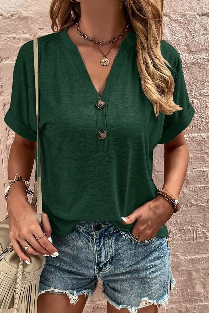 Plain V Neck Buttoned Tee