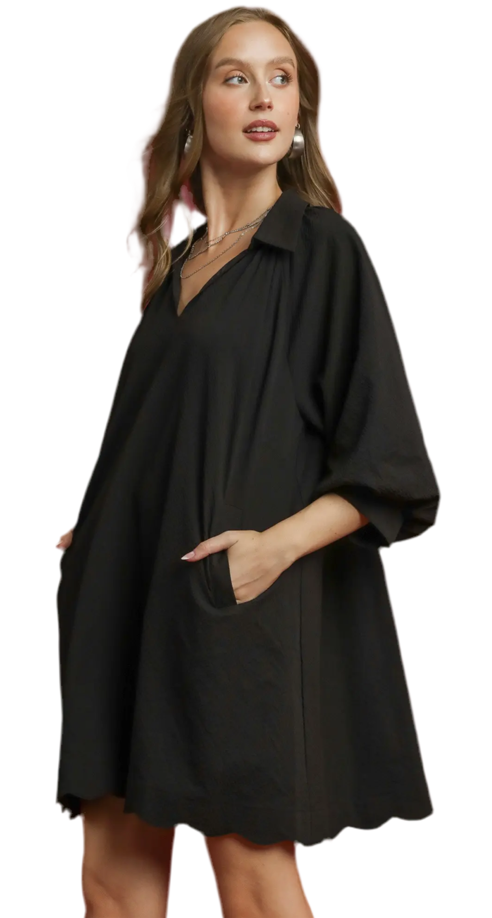 Split V-Neck Dress with Puff Sleeves
