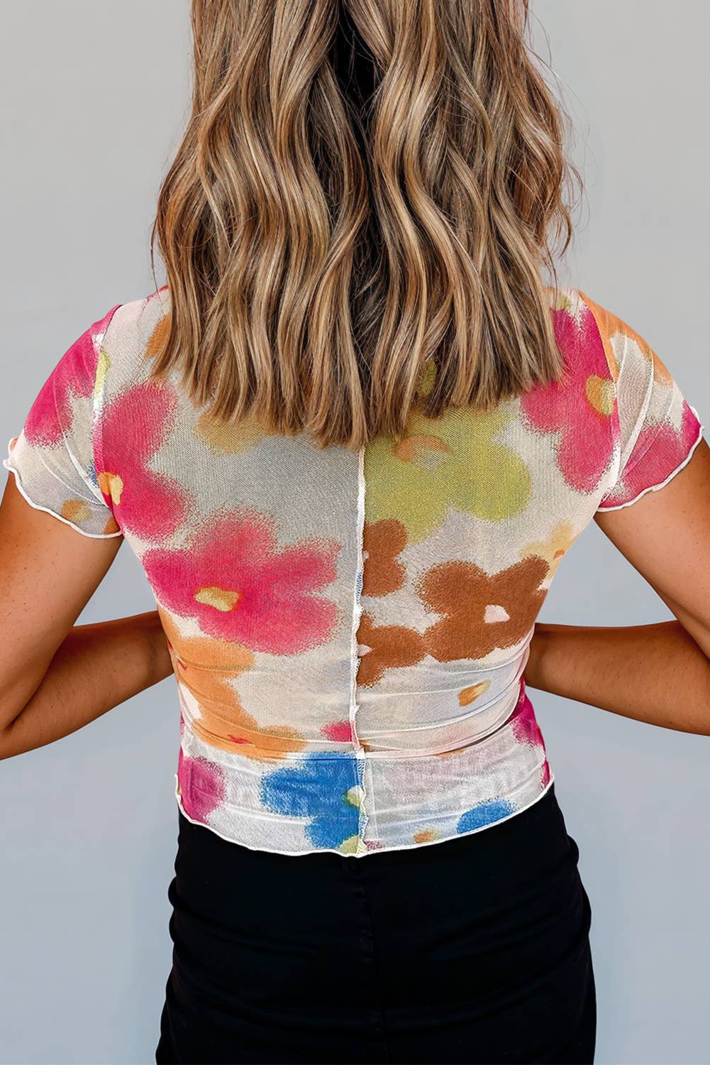 Floral Mesh Lettuce Edge Cropped T Shirt | S-XL