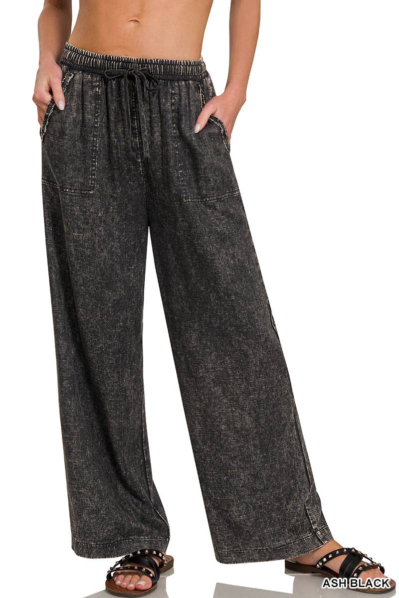 Acid Wash Linen Blend Elastic Band Waist Pants