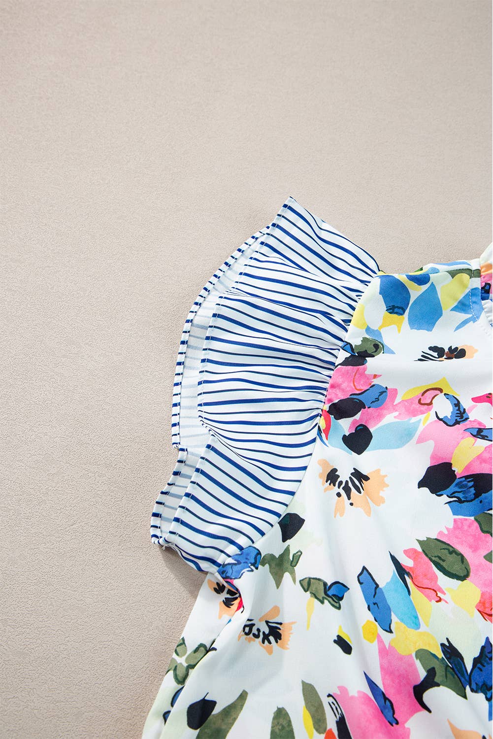 Women Floral Print Striped Ruffled Sleeve Blouse