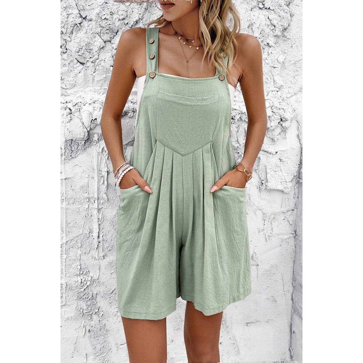 Square Neck Pockets Button Tirm Ruched Romper
