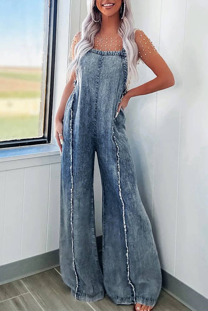 Washed Raw Hem One Piece Wide Leg Jumpsuit Overall