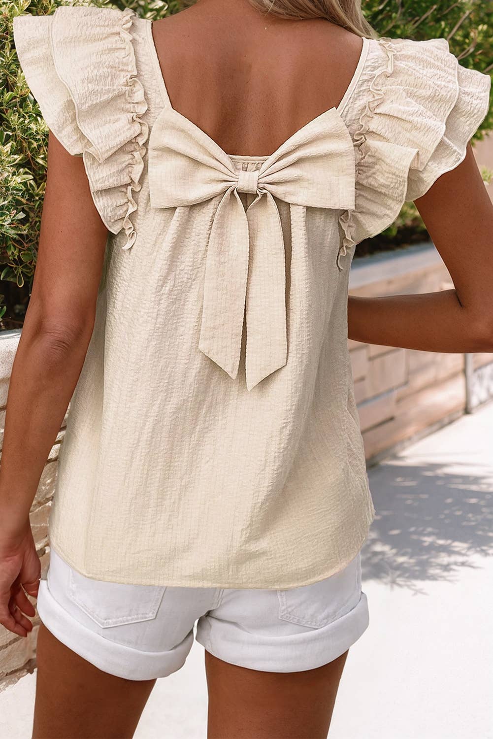 Textured Bow Knot Frilled Butterfly Sleeve Blouse