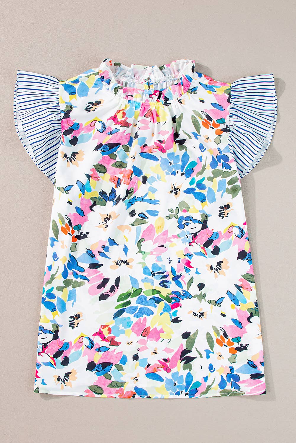 Women Floral Print Striped Ruffled Sleeve Blouse