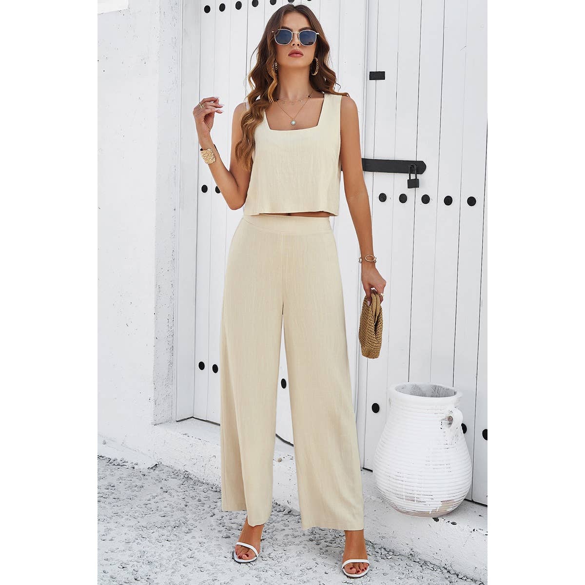 Two Pieces Square Neck Sleeveless Solid Sets