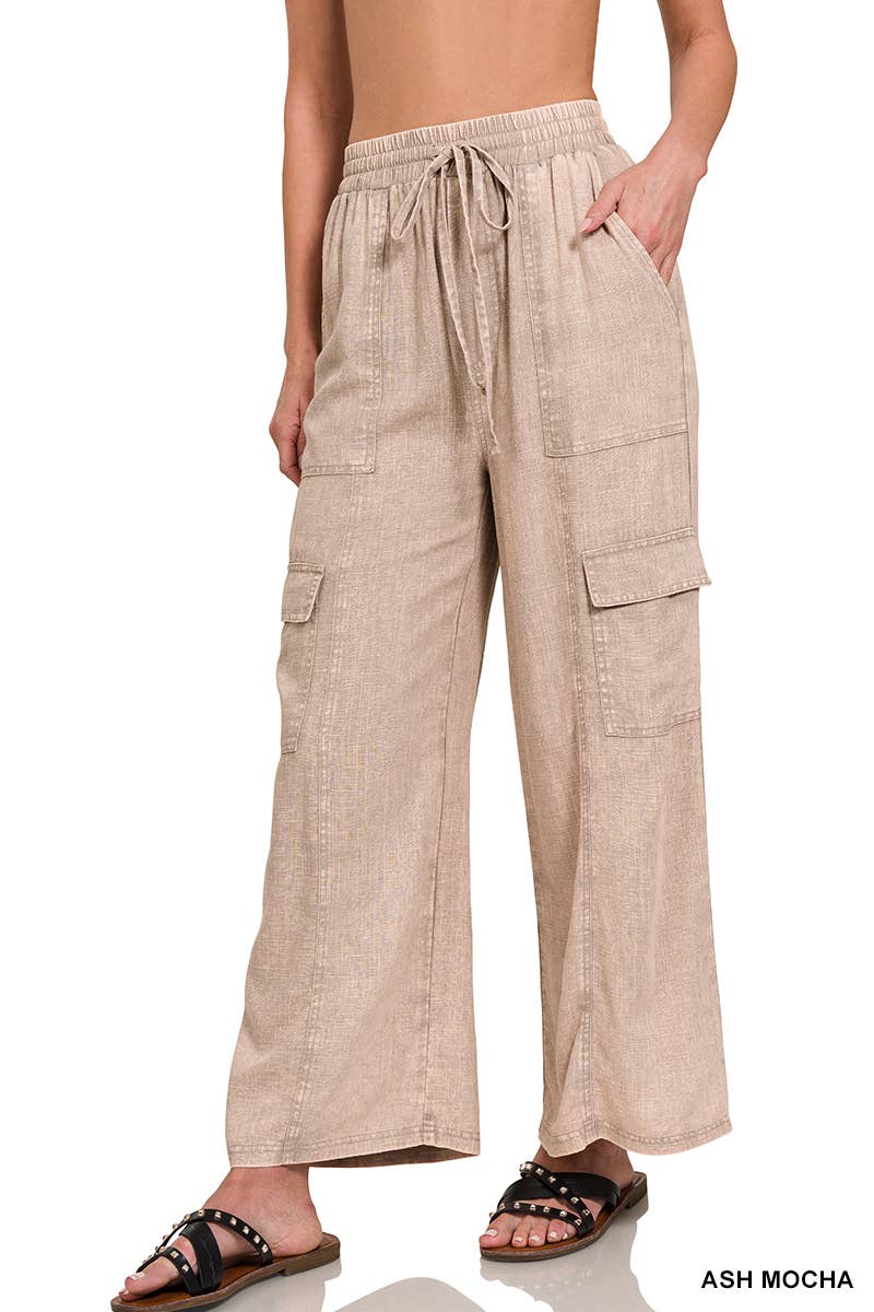 Acid Wash Drawstring Elastic Band Waist Pants