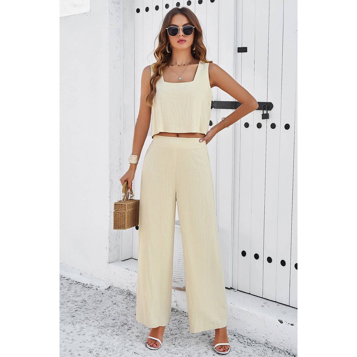 Two Pieces Square Neck Sleeveless Solid Sets