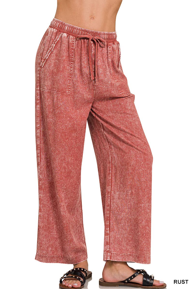 Acid Wash Linen Blend Elastic Band Waist Pants