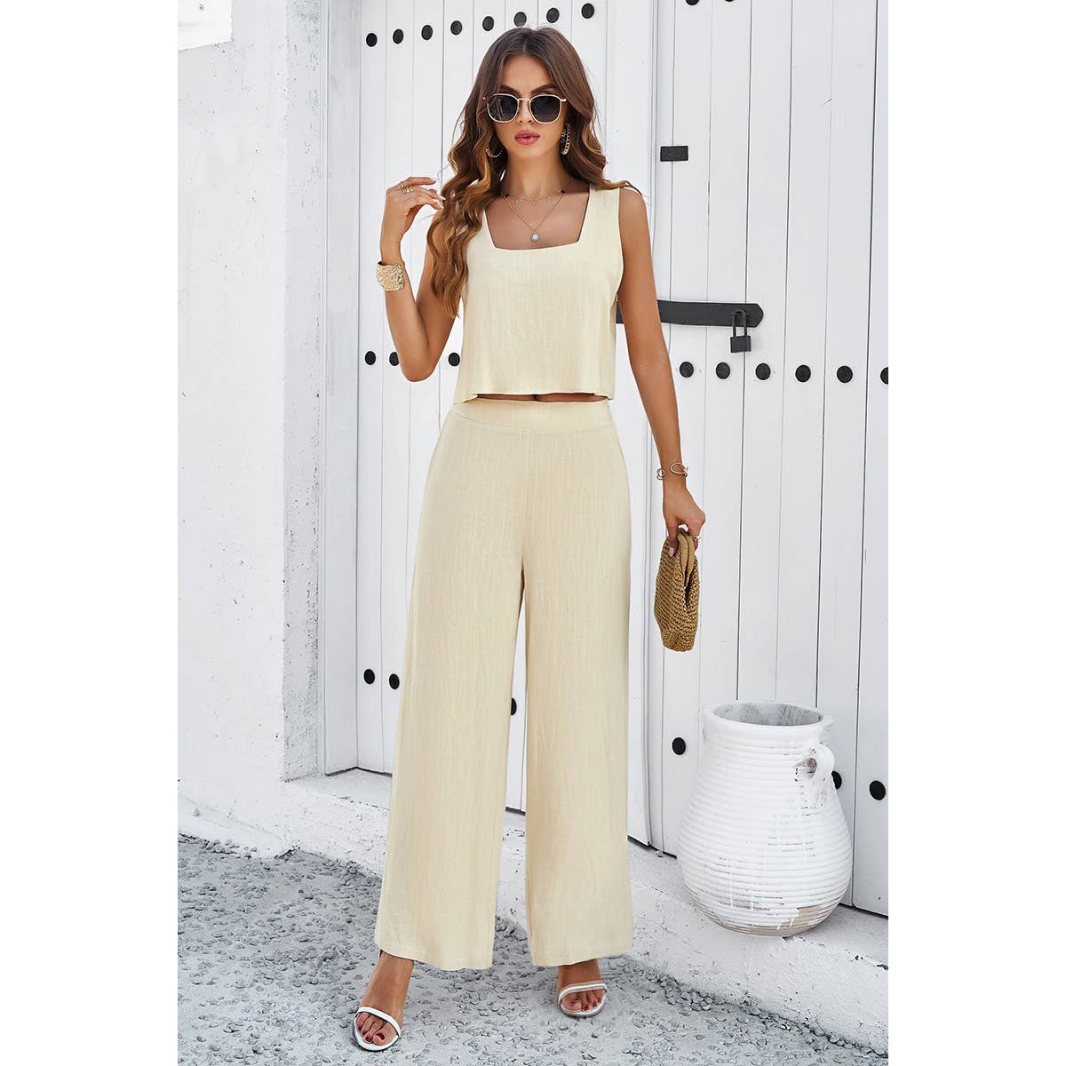 Two Pieces Square Neck Sleeveless Solid Sets