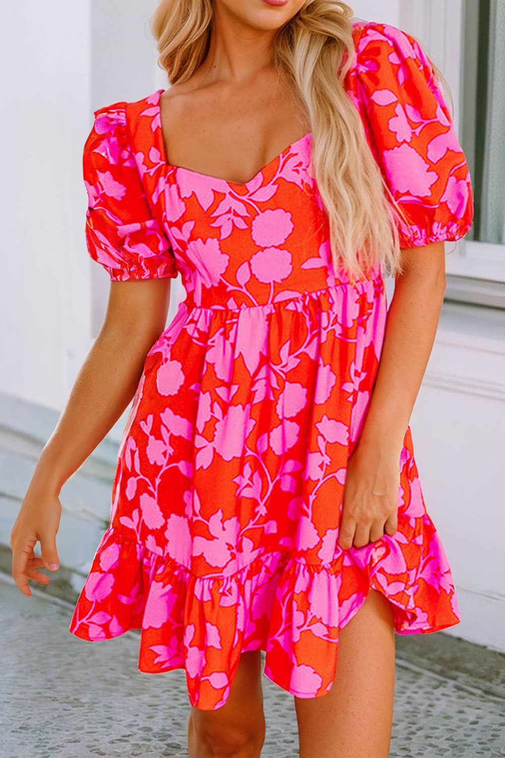 Floral Bubble Sleeve Sweetheart Neck Ruffled Mini Dress