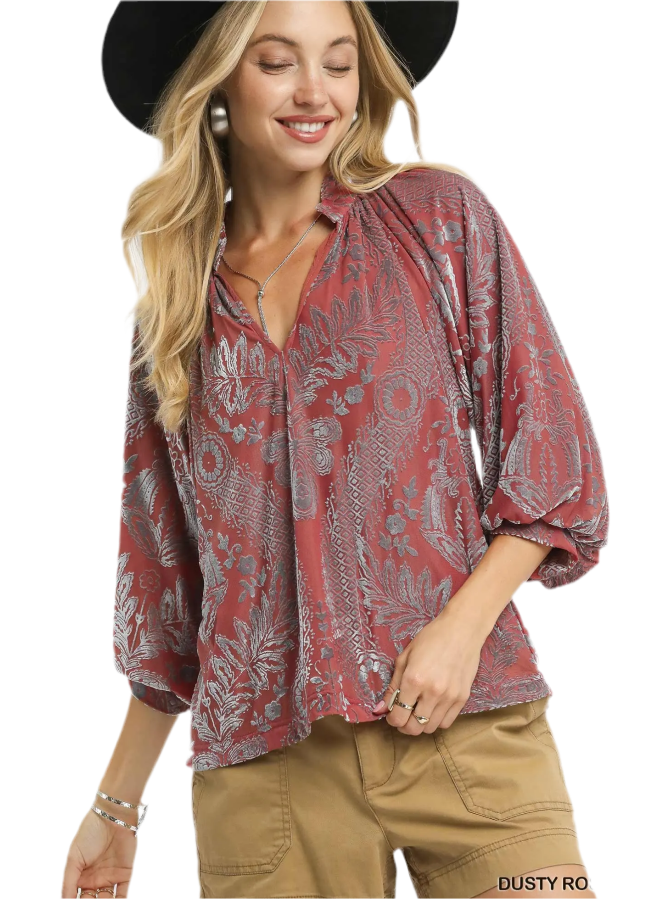 Damask Print Velvet Split Neck Top