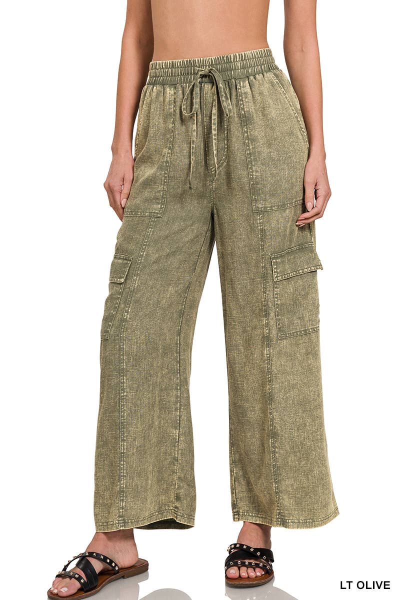 Acid Wash Drawstring Elastic Band Waist Pants