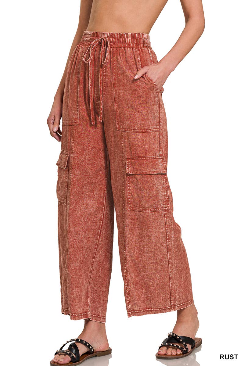 Acid Wash Drawstring Elastic Band Waist Pants