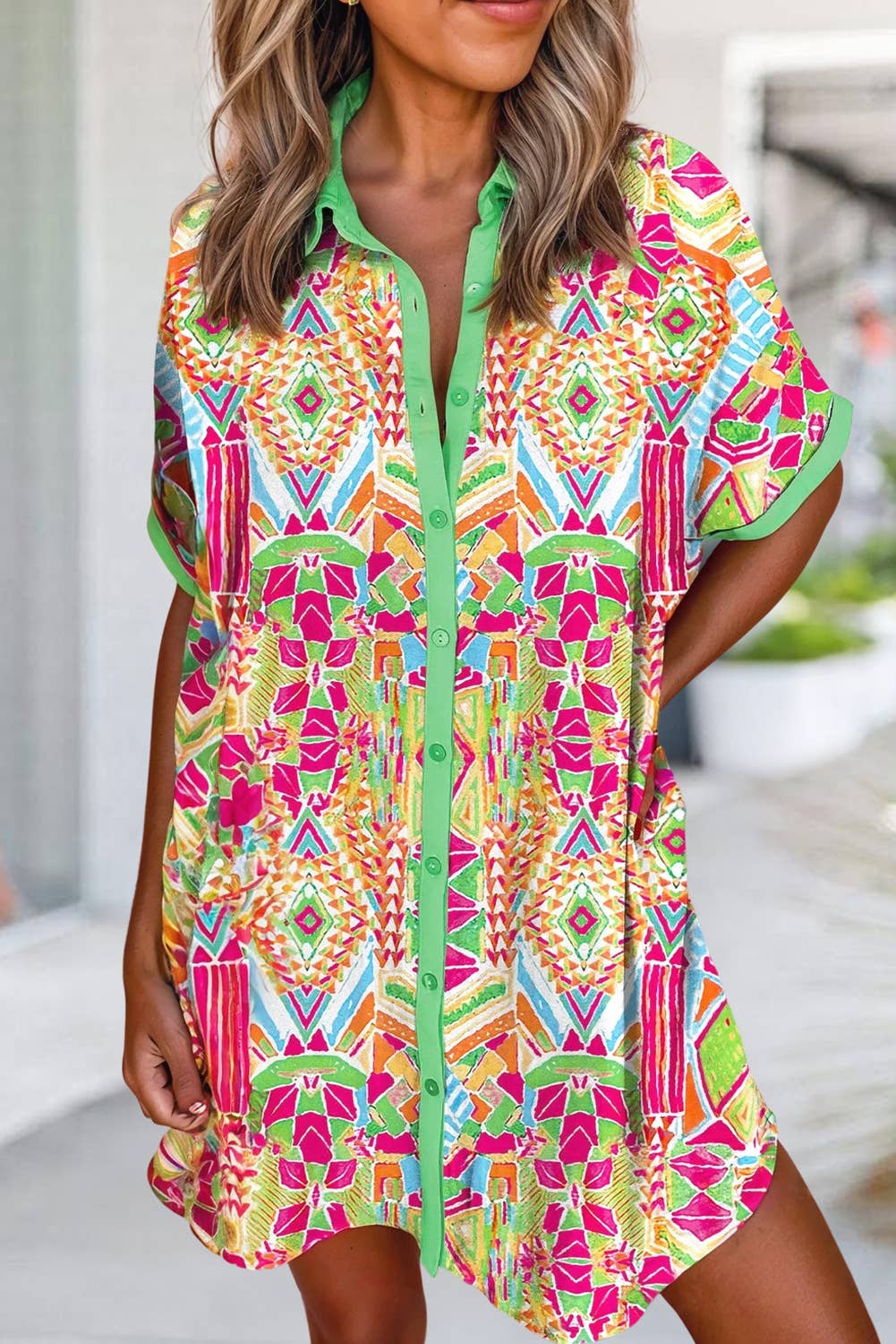 Geometric Print Contrast Short Sleeve Shirt Dress | S-XL