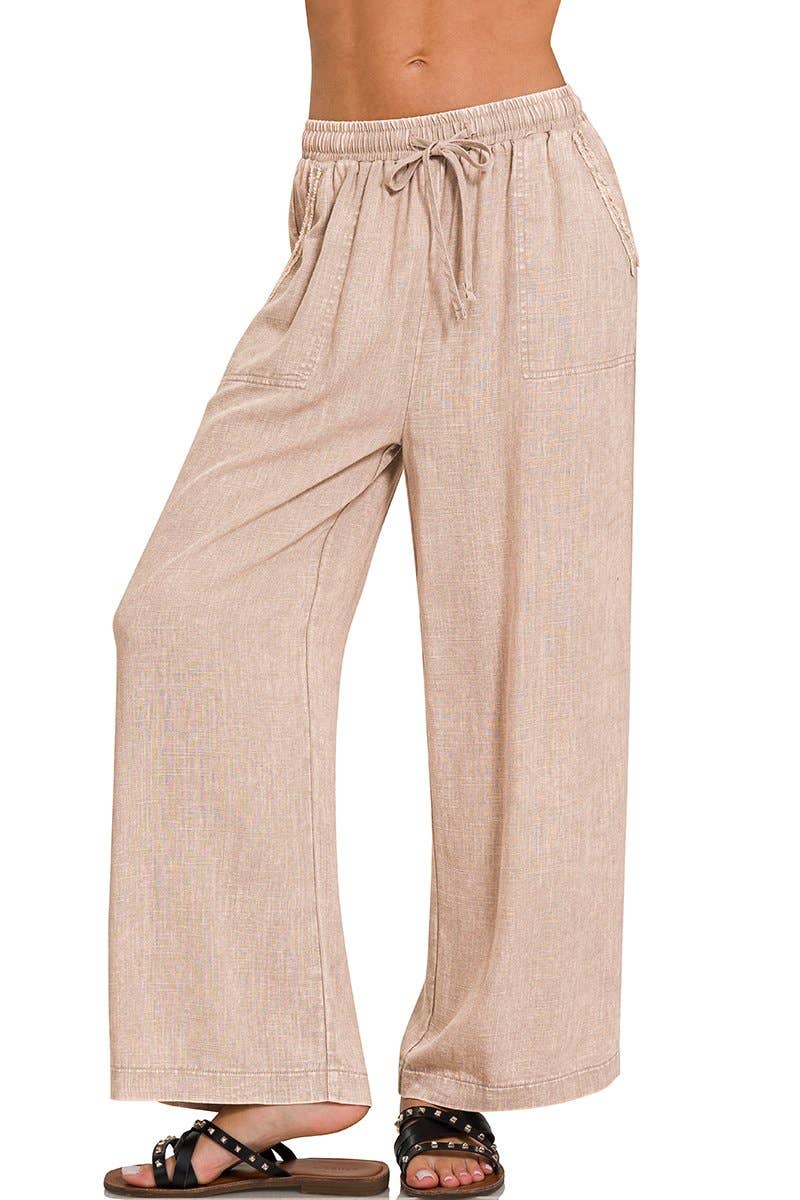 Acid Wash Linen Blend Elastic Band Waist Pants