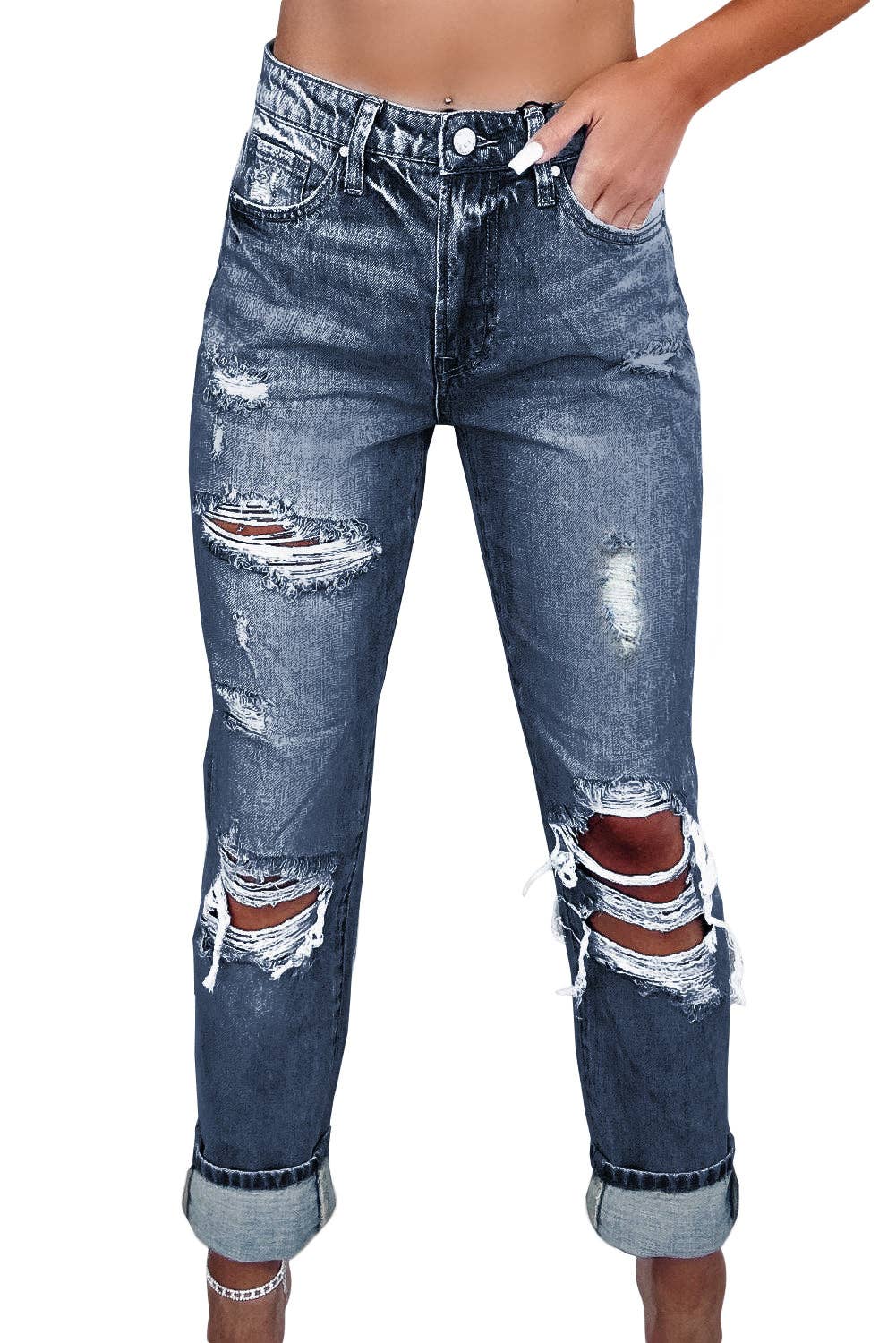Light Wash Frayed Slim Fit High Waist Jeans