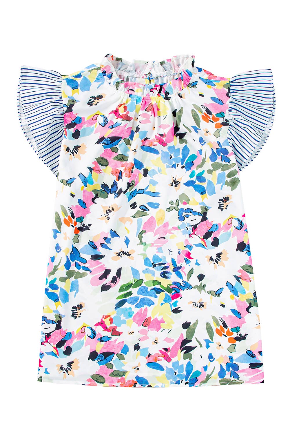 Women Floral Print Striped Ruffled Sleeve Blouse