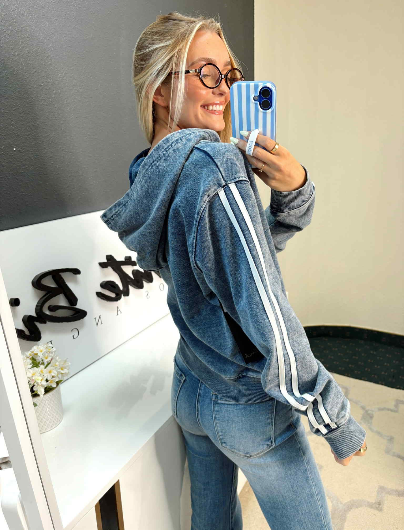 Washed Denim Blue Zip-Up Hoodie