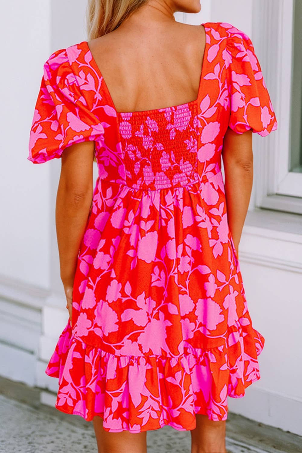 Floral Bubble Sleeve Sweetheart Neck Ruffled Mini Dress