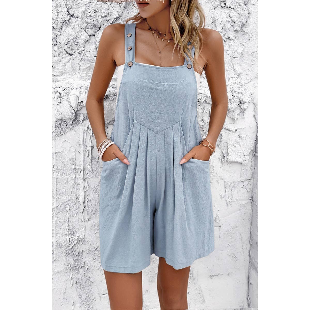 Square Neck Pockets Button Tirm Ruched Romper