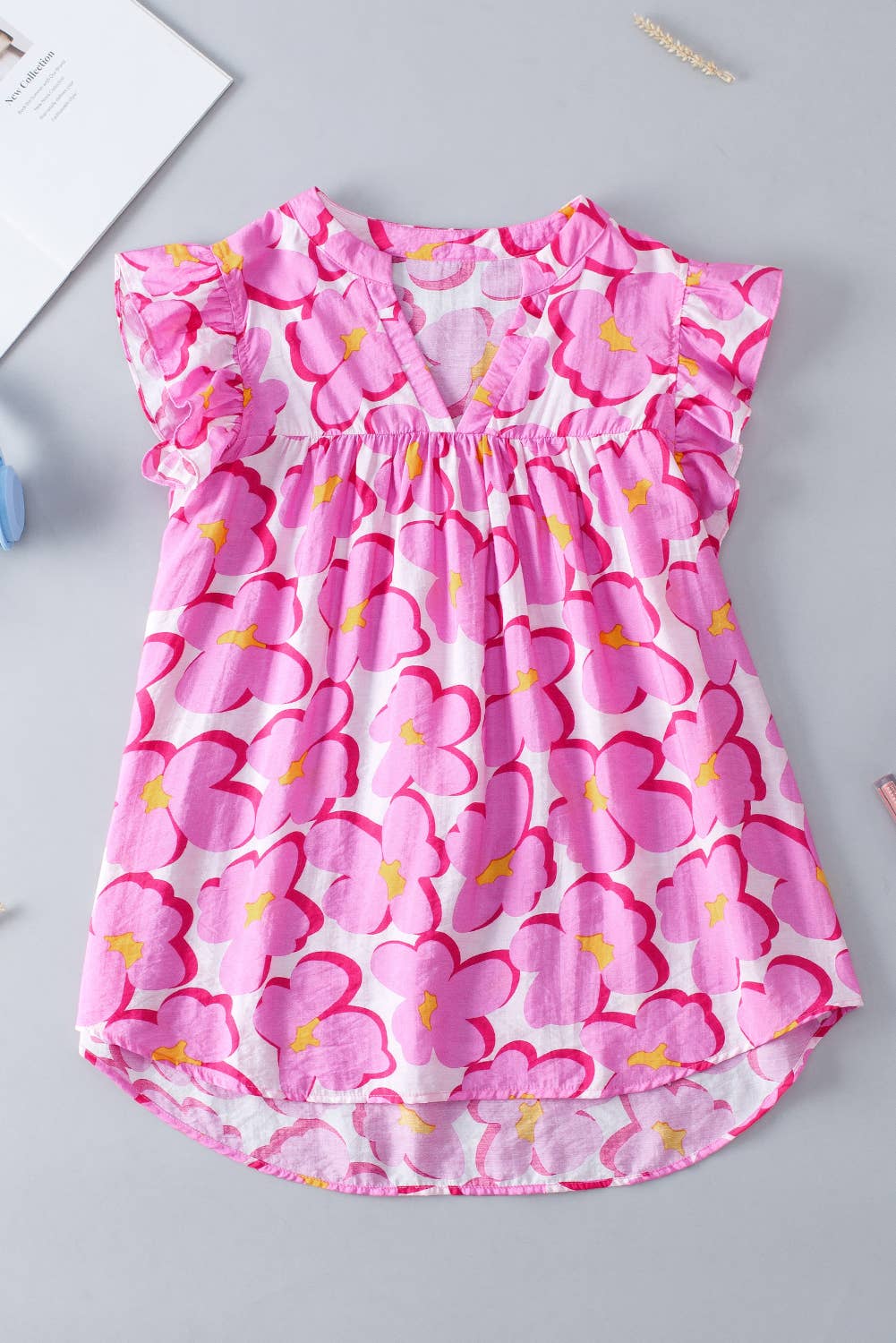 Women Floral Print Ruffled Sleeve Pleated Blouse
