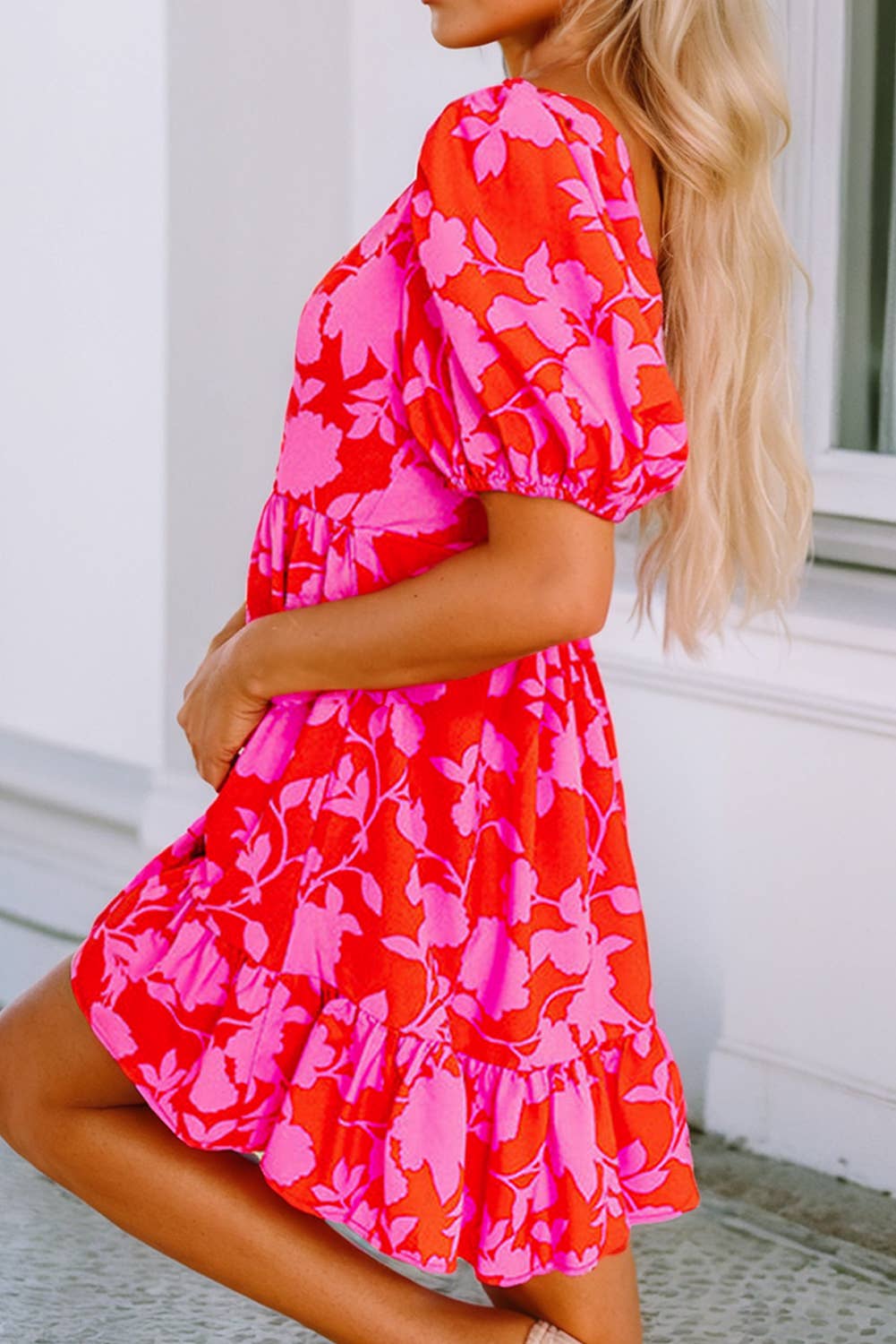 Floral Bubble Sleeve Sweetheart Neck Ruffled Mini Dress