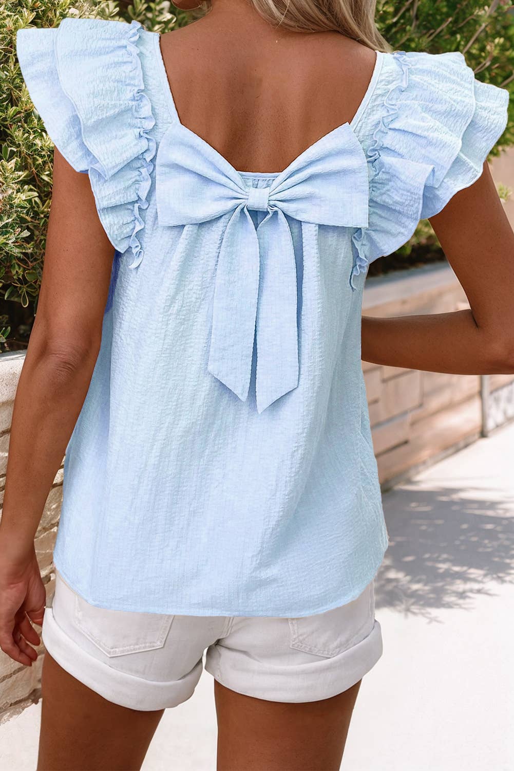 Textured Bow Knot Frilled Butterfly Sleeve Blouse