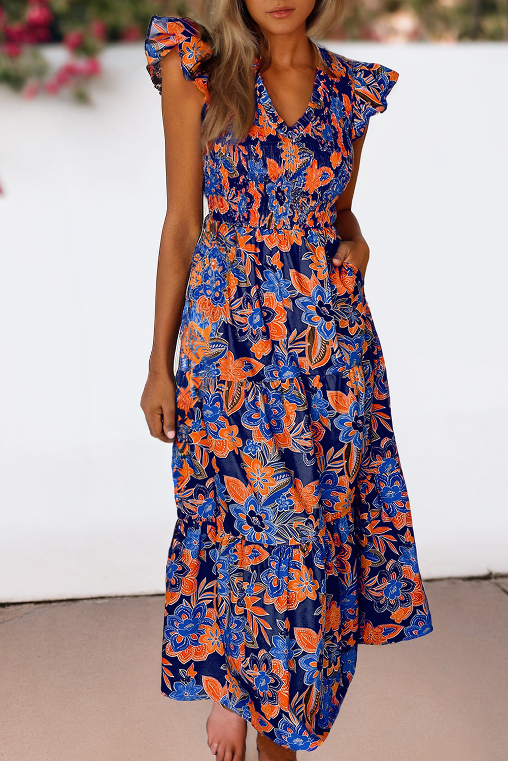 Women Boho Floral V Neck Ruffle Tiered Maxi Dress