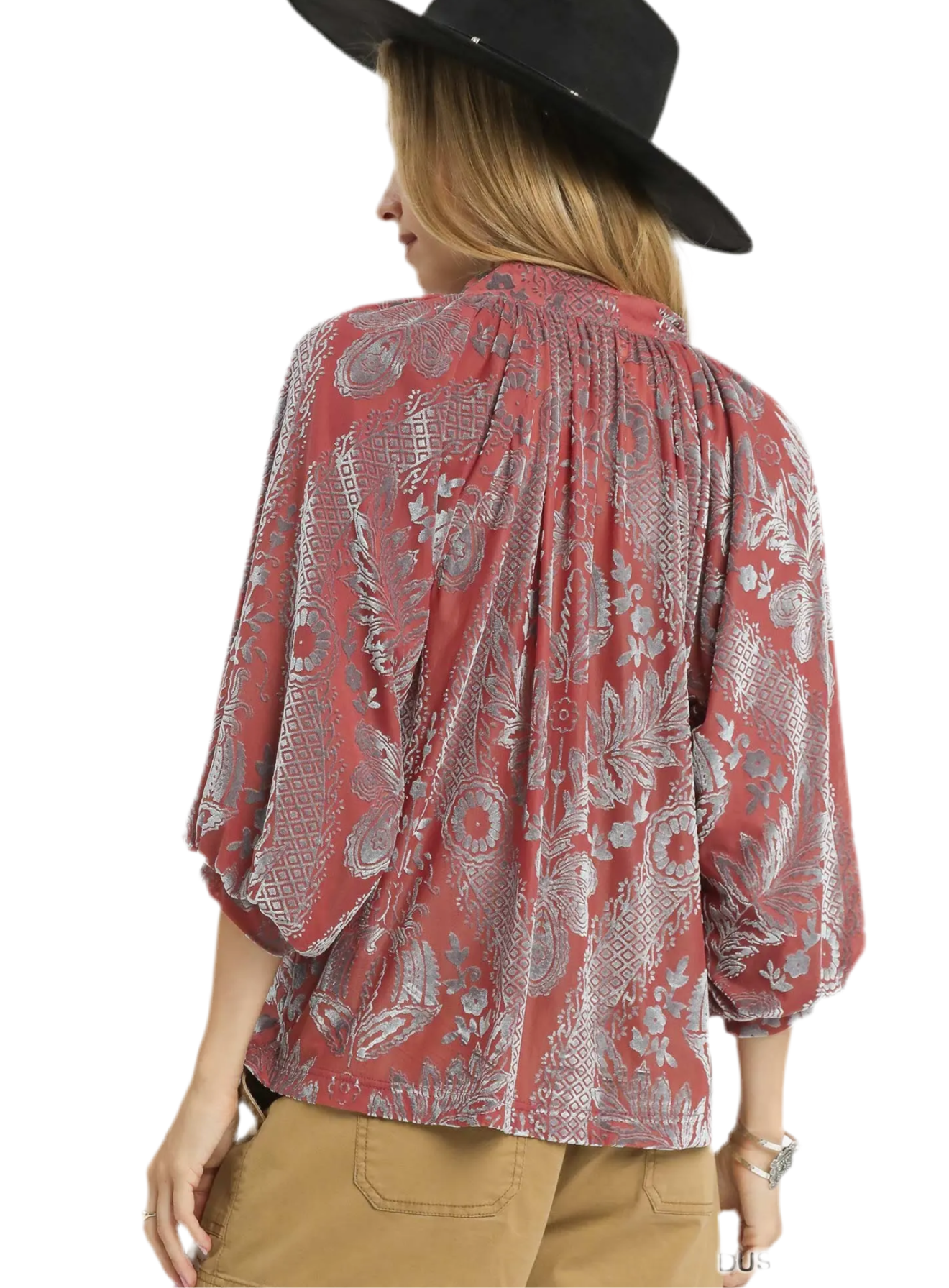Damask Print Velvet Split Neck Top