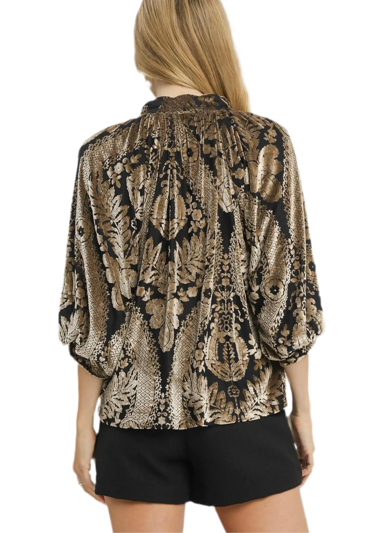 Damask Print Velvet Split Neck Top