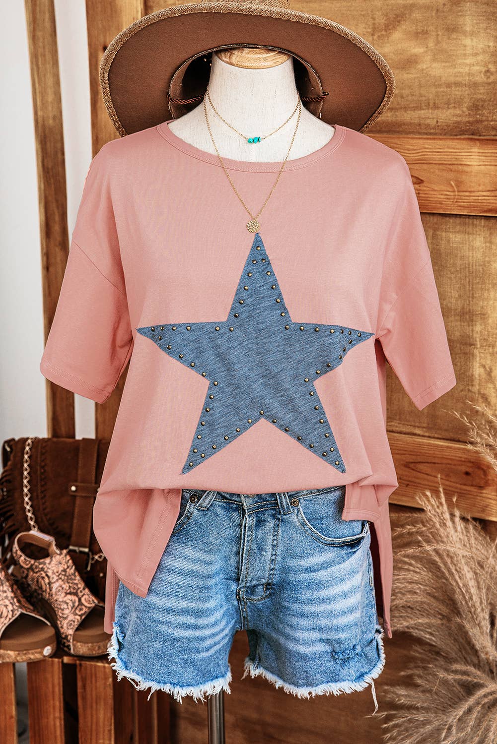 Mineral Wash Studded Star Patch High Low Tee