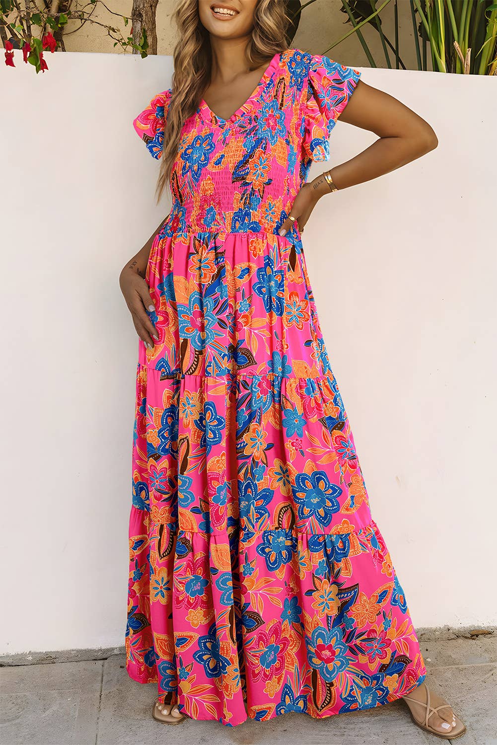 Women Boho Floral V Neck Ruffle Tiered Maxi Dress