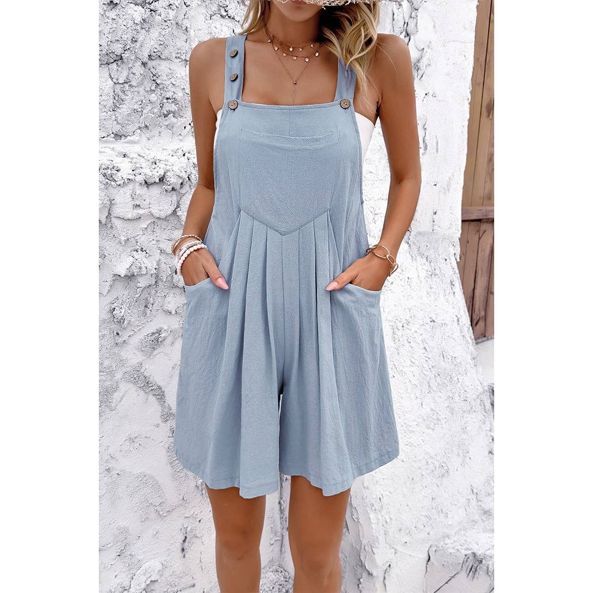 Square Neck Pockets Button Tirm Ruched Romper