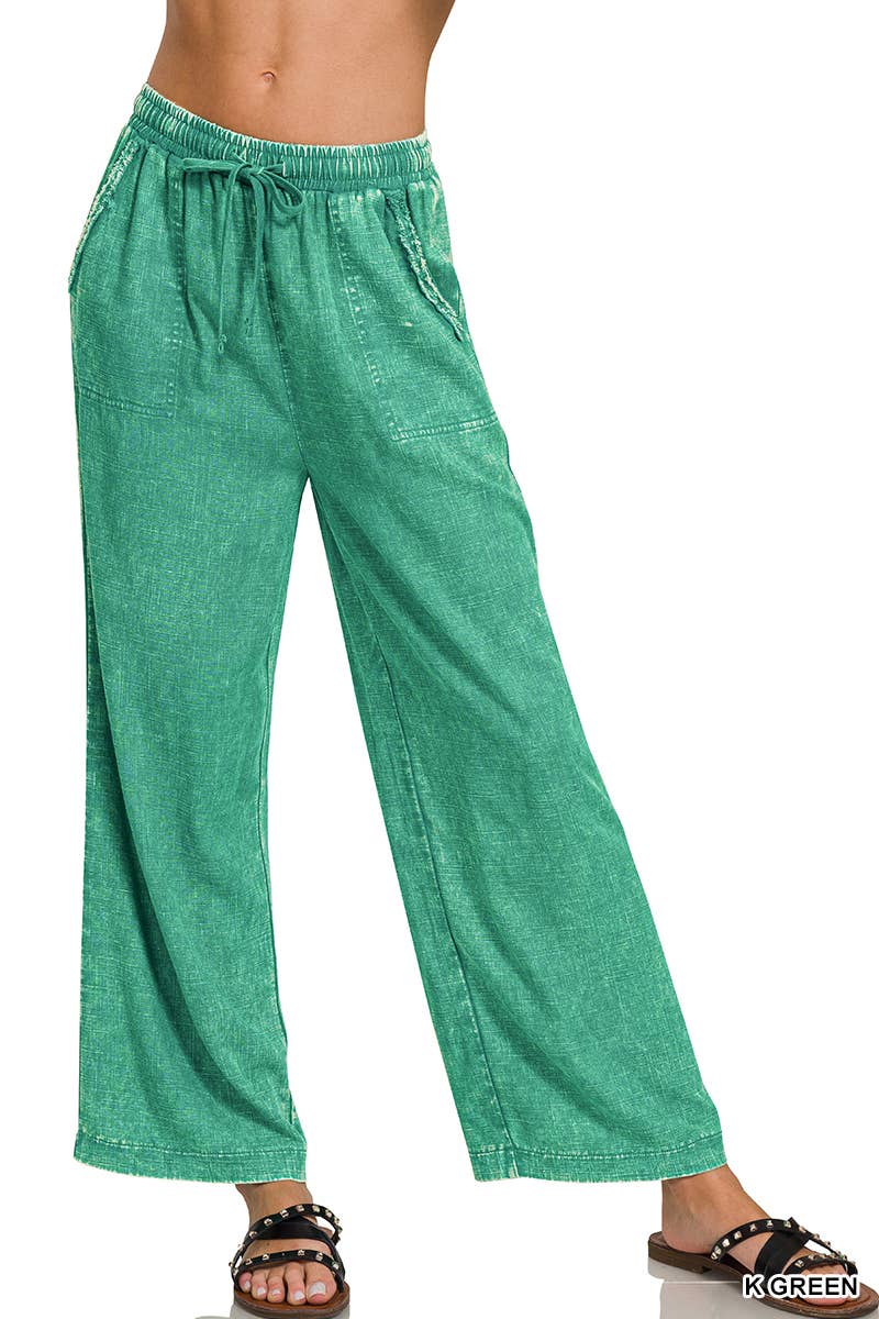 ".._ SI-26187 Acid Wash Drawstring Elastic Band Waist Pants