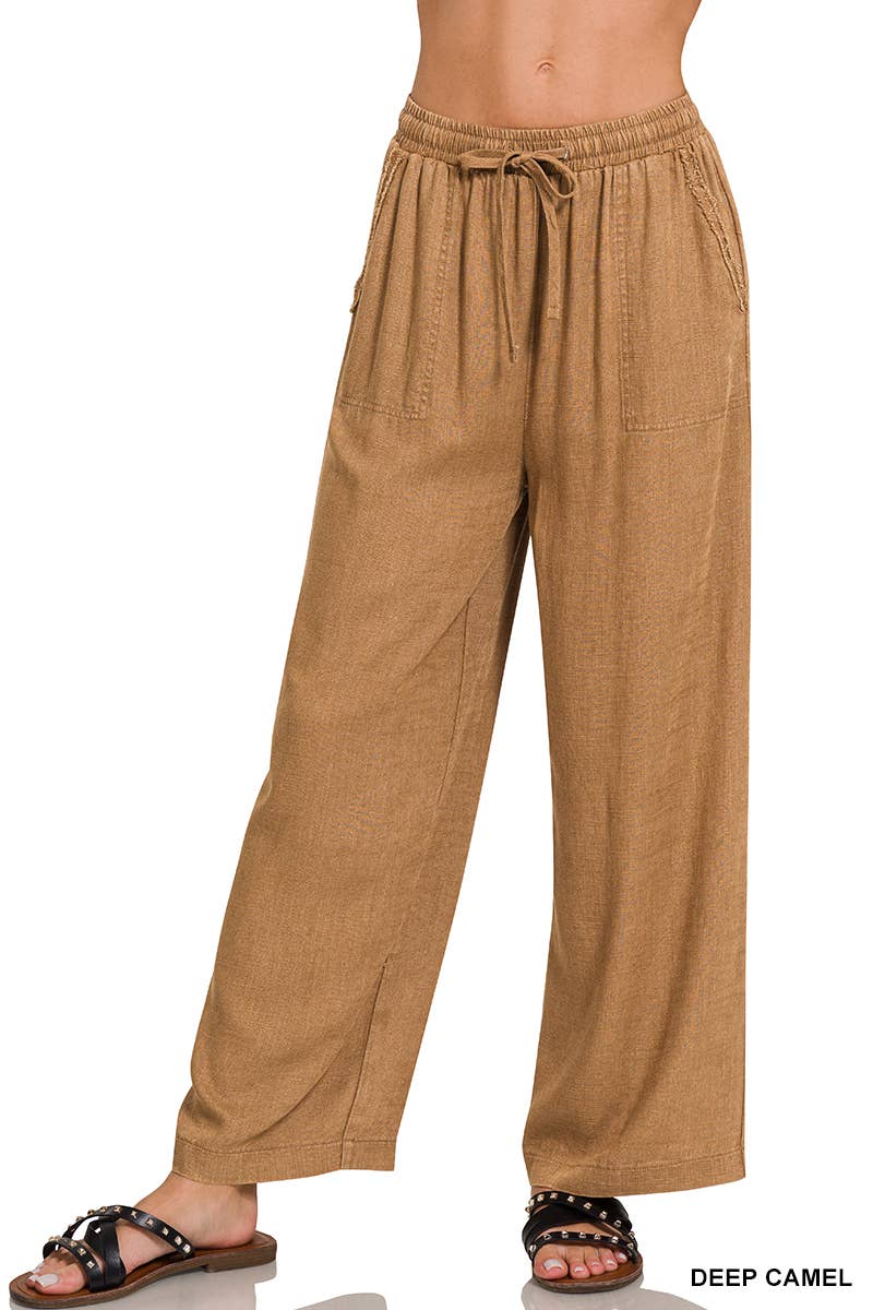 Acid Wash Linen Blend Elastic Band Waist Pants