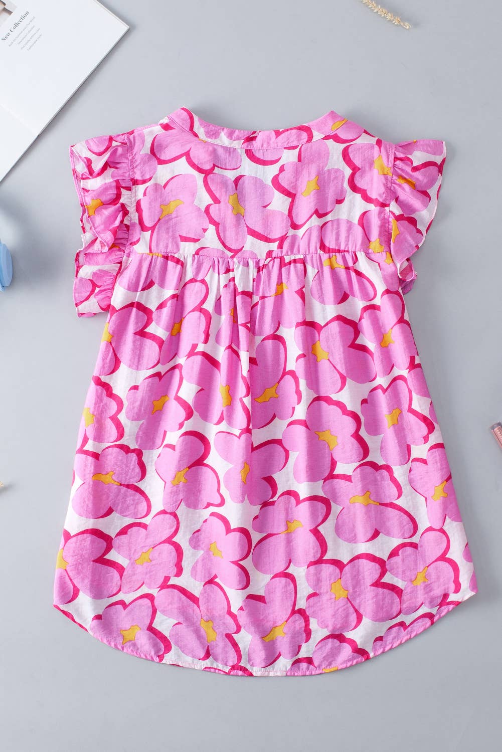 Women Floral Print Ruffled Sleeve Pleated Blouse