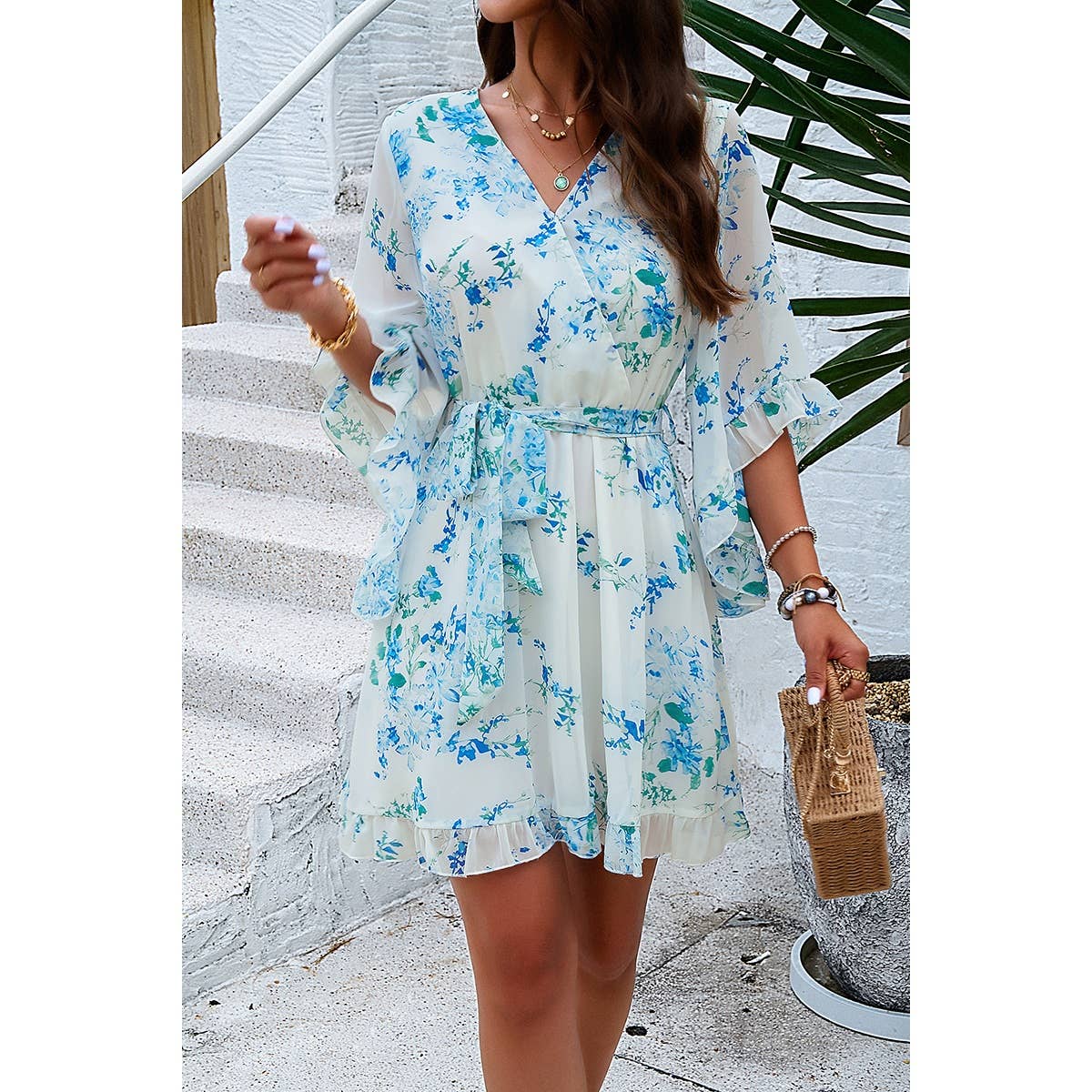 Floral Cross V Neck Ruffle Trim Lined Short Dress