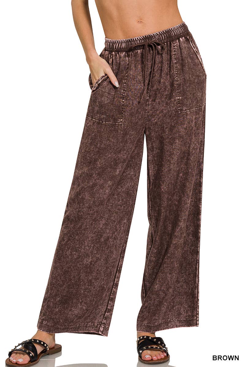 Acid Wash Linen Blend Elastic Band Waist Pants