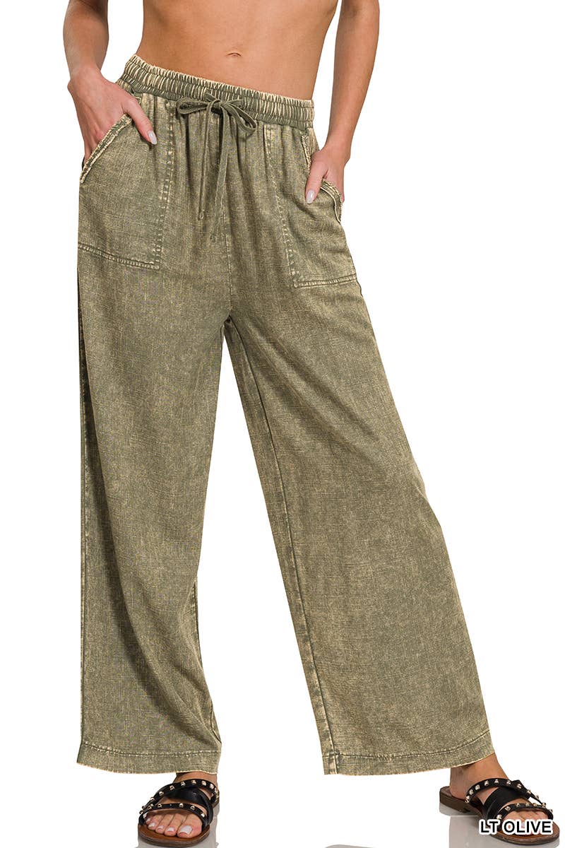 ".._ SI-26187 Acid Wash Drawstring Elastic Band Waist Pants